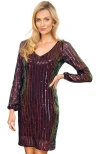 Hotsquash London Clothing Blouson Sleeved V Neck Sequin Dress In Dark Striped Sequins