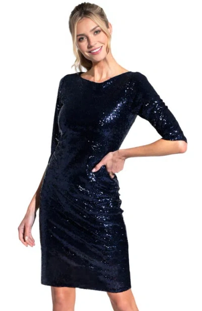 Hotsquash London Clothing Boat Neck Sequin Dress With Sleeves In Navy