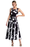 Hotsquash London Clothing Box Pleat Midi Dress With Contrast Skirt In White Flower On Black