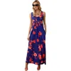 Hotsquash London Clothing Empire Line Maxi Dress In Blue With Red Flowers