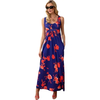 Hotsquash London Clothing Empire Line Maxi Dress In Blue With Red Flowers
