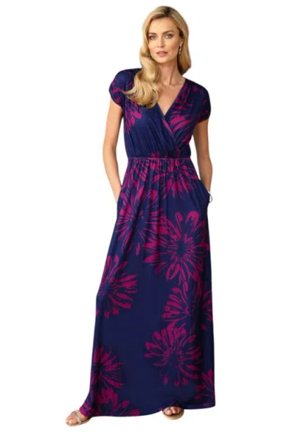Hotsquash London Clothing Faux-wrap Jersey Maxi Dress In Navy/pink Flower