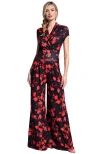Hotsquash London Clothing Faux-wrap Wide Leg Jumpsuit In Red Flowers On Black