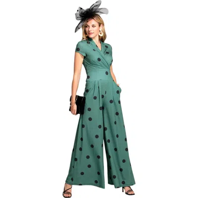 Hotsquash London Clothing Jersey Wideleg Jumpsuit In Green With Black Polka Dots