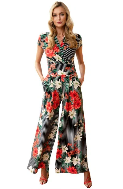 Hotsquash London Clothing Striped Floral Wide Leg Jumpsuit In Pinstripe Floral