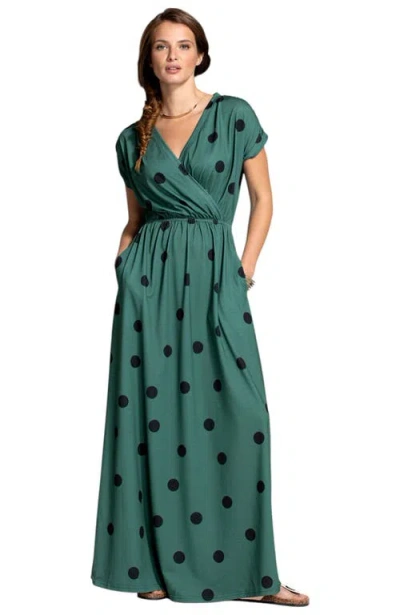 Hotsquash London Clothing V-neck Short Sleeve Maxi Dress In Green With Black Polka Dots