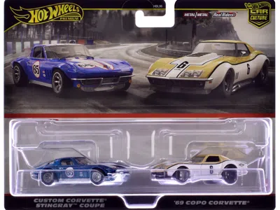 Hotwheels Chevrolet Custom Corvette Stingray Coupe #65 Blue Metallic With White Stripes And 1969 Chevrolet Cop