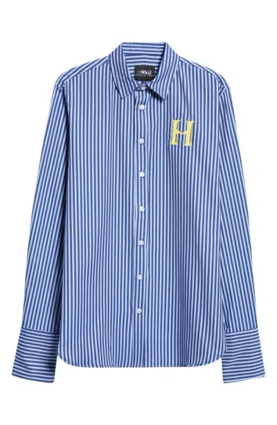 House Of Aama Embroidered Stripe Button-up Shirt In Blue