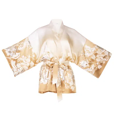 House Of Azoiia Women's Neutrals / White Pure Silk Kimono Top With Silver Flowers