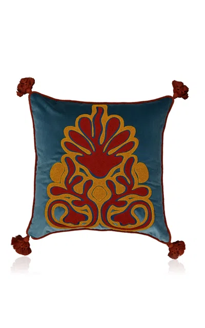House Of Capricorn Teles Blue Velvet And Chenille Embroidered Cushion In Multi