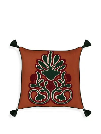 House Of Capricorn Teles Embroidered Linen Cushion In Brown