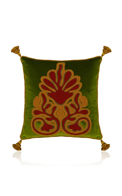House Of Capricorn Teles Green Velvet And Chenille Embroidered Cushion