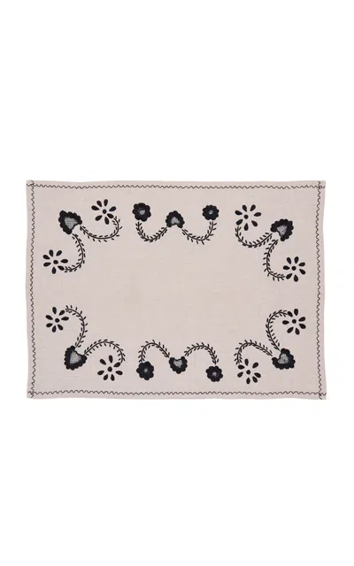 House Of Capricorn Viana Beige Linen With Black Embroidery Placemat And Napkin Set In Purple