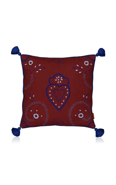House Of Capricorn Viana Bordeaux Linen With Blue Embroidery Cushion