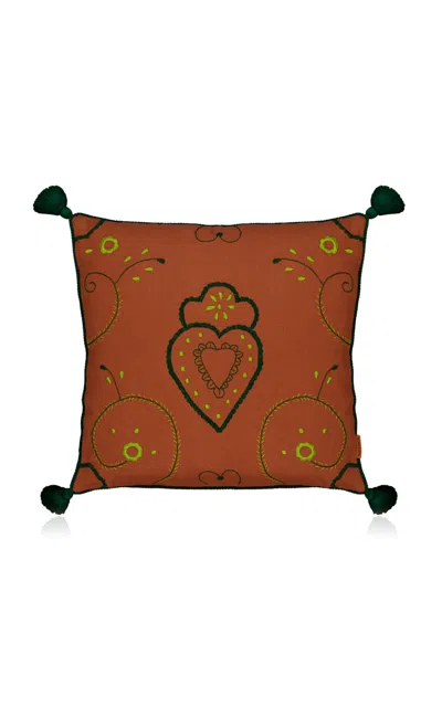 House Of Capricorn Viana Brick Linen With Green Embroidery Cushion In Brown
