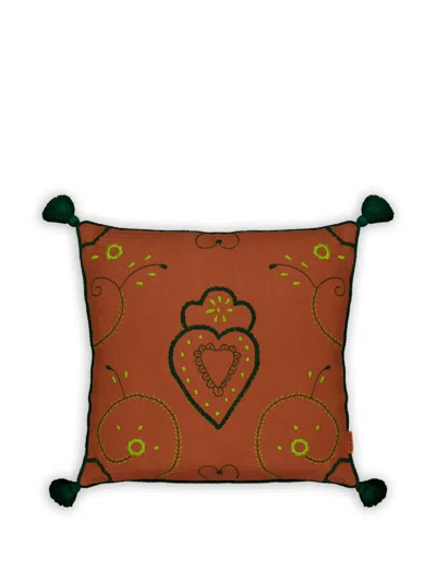 House Of Capricorn Viana Embroidered Linen Cushion In Orange