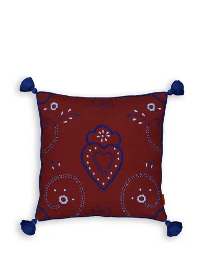 House Of Capricorn Viana Handmade Embroidery Tassel Cushion In Red