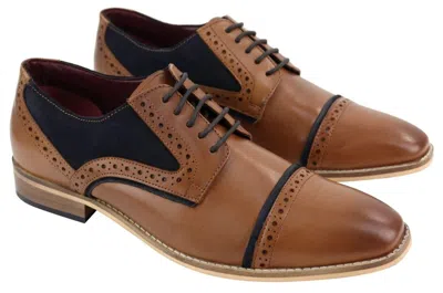 House Of Cavani Mens Classic Navy Suede Oxford Brogue Derby Shoes In Tan Leather In Multi