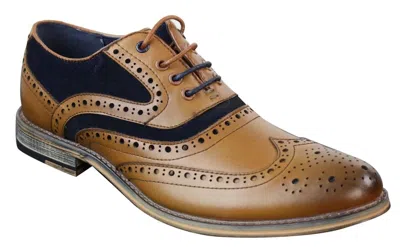 House Of Cavani Mens Classic Navy Suede Oxford Brogue Shoes In Tan Leather In Multi