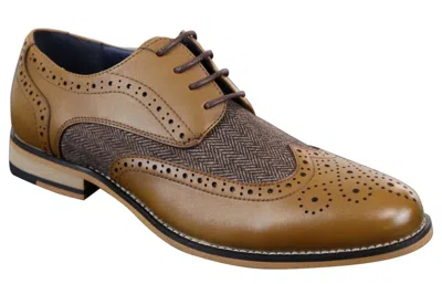 House Of Cavani Mens Classic Oxford Tweed Brogue Shoes In Tan Leather In Brown