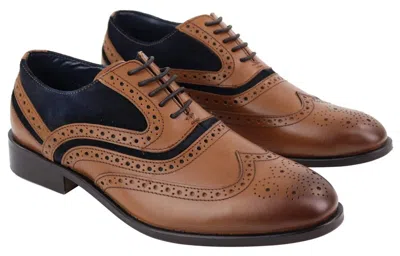 House Of Cavani Mens Retro Oxford Navy Suede Brogue Shoes In Tan Leather In Brown