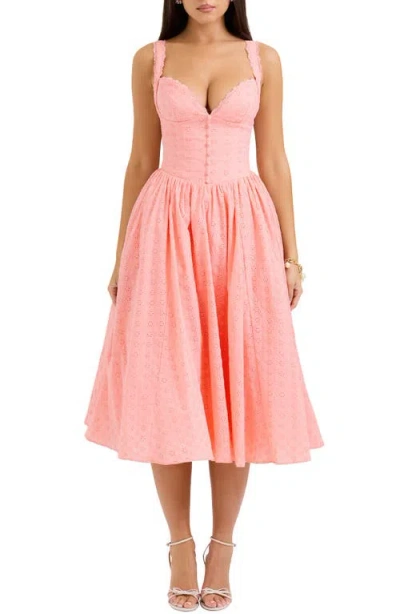 House Of Cb Adalyn Eyelet Corset Midi Dress In Peach Pearl