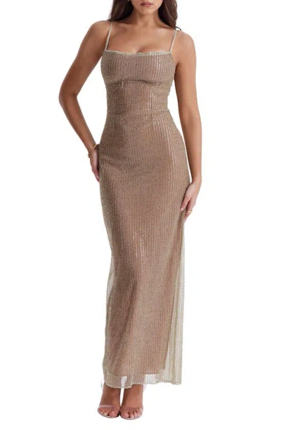 House Of Cb Alondra Beaded Cocktail Dress In Cafe Au Lait/olive Gold