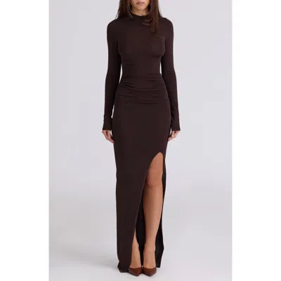 House Of Cb Anais Long Sleeve Mock Neck Knit Gown In Brown