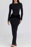 House Of Cb Athena Long Sleeve Stretch Crepe Gown In Black