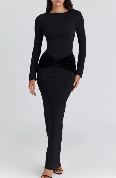 House Of Cb Athena Long Sleeve Stretch Crepe Gown In Black