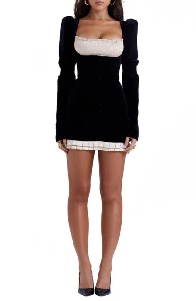 House Of Cb Azaria Long Sleeve Colorblock Velvet Minidress In Black