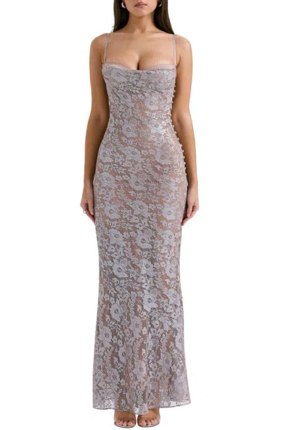 HOUSE OF CB HOUSE OF CB AZZURRA METALLIC LACE BODY-CON GOWN