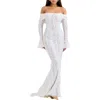 House Of Cb Belle Off The Shoulder Long Sleeve Meramid Gown In Cream