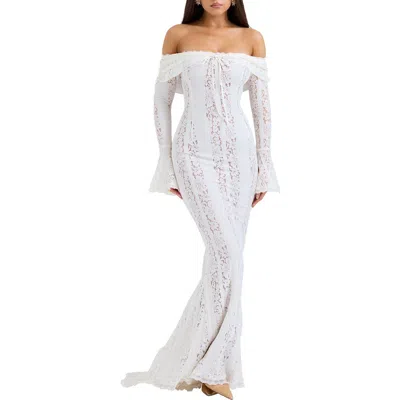 House Of Cb Belle Off The Shoulder Long Sleeve Meramid Gown In Cream