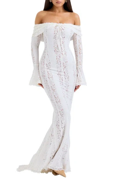 House Of Cb Belle Off The Shoulder Long Sleeve Meramid Gown In White