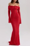 House Of Cb Belle Off The Shoulder Long Sleeve Mermaid Gown