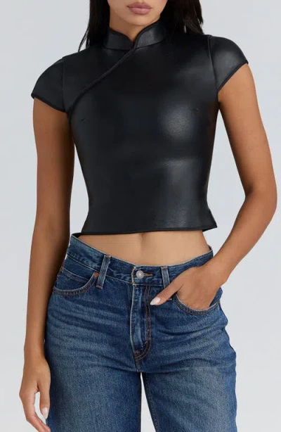 House Of Cb Bobbi Mandarin Collar Faux Leather Crop Top In Black