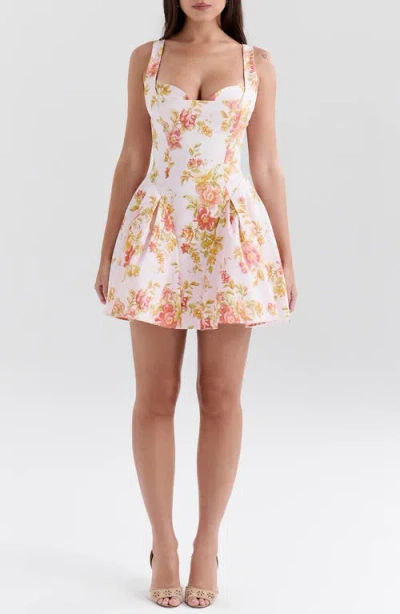 House Of Cb Bunny Voluminous Skirt Minidress In Peach Poppy Print