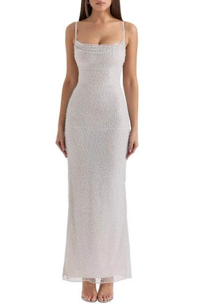House Of Cb Calla Beaded Mesh Overlay Gown In Nimbus Cloud
