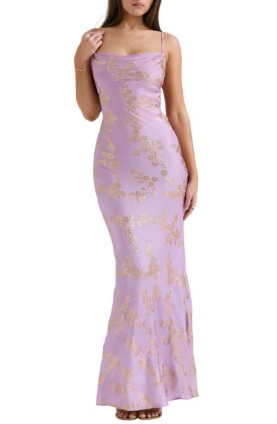 House Of Cb Capriana Metallic Sleeveless Lace Back Mermaid Gown In Orchid Bloom