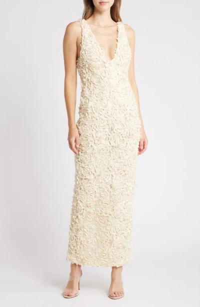 House Of Cb Carena 3d Floral Appliqué Plunge Neck Gown In Bleached Sand