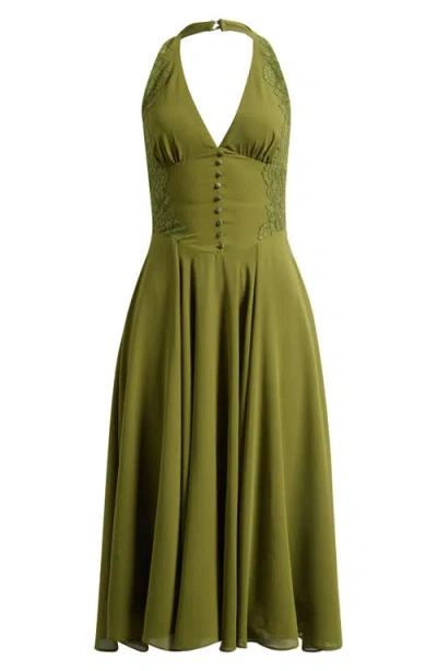 House Of Cb Coco Olive Georgette Lace Fit & Flare Midi Dress In Green
