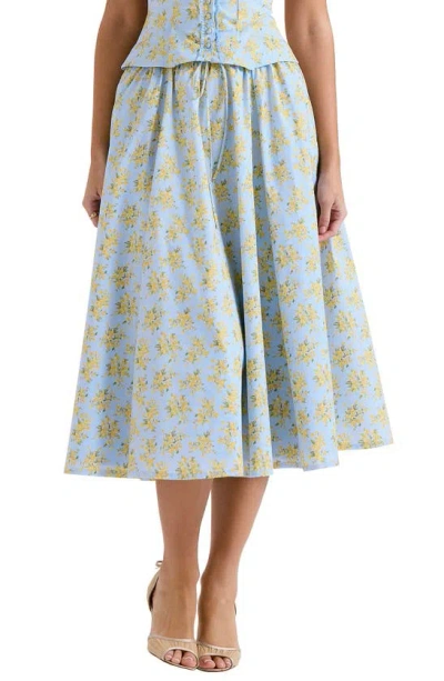 House Of Cb Cora Gathered Lace-up Skirt In Print Light Blue