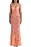 House Of Cb Cordelia Lace Corset Mermaid Gown In Papaya Punch