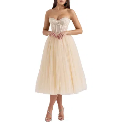 House Of Cb Darling Strapless Tulle Midi Dress In Cream