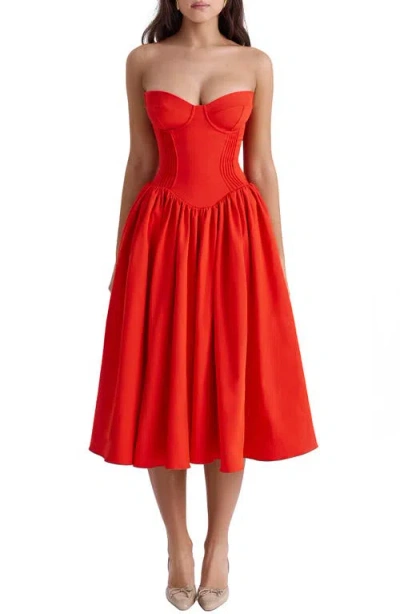 House Of Cb Elizabeth Strapless Corset Fit & Flare Midi Dress In Flame Scarlet