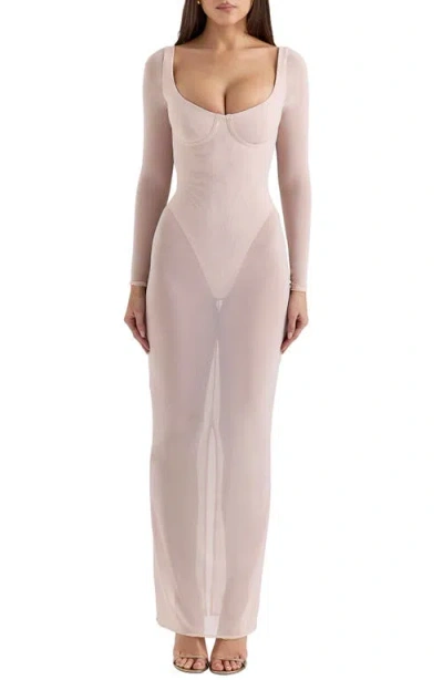 House Of Cb Everly Long Sleeve Sheer Mesh Cocktail Maxi Dress In Silver Peony