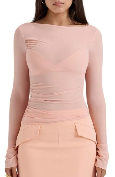 House Of Cb Floria Ruched Mesh Top In Peach Nectar