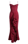 House Of Cb Gabbi Ruffle Mesh High-low Cocktail Dress In Beet Red
