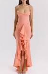 House Of Cb Womens Gabbi Ruffled-front Slim-fit Stretch-mesh Maxi Dress Peach In Desert Flower